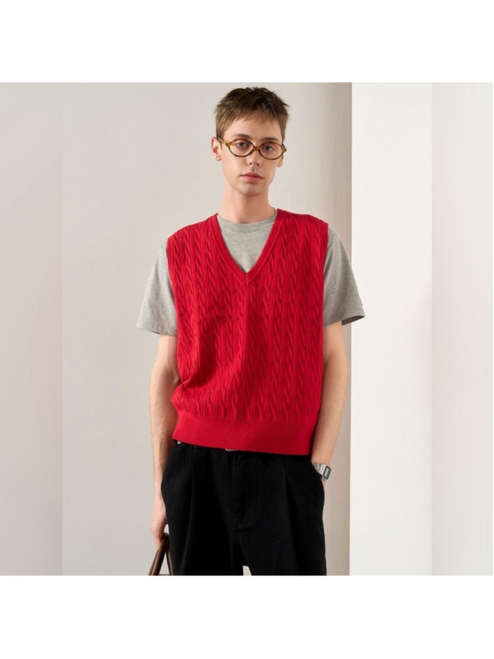 B.I.A.M. Made in Italy Red Wool Blend Cable Knit V Neck Sweater Vest Size L